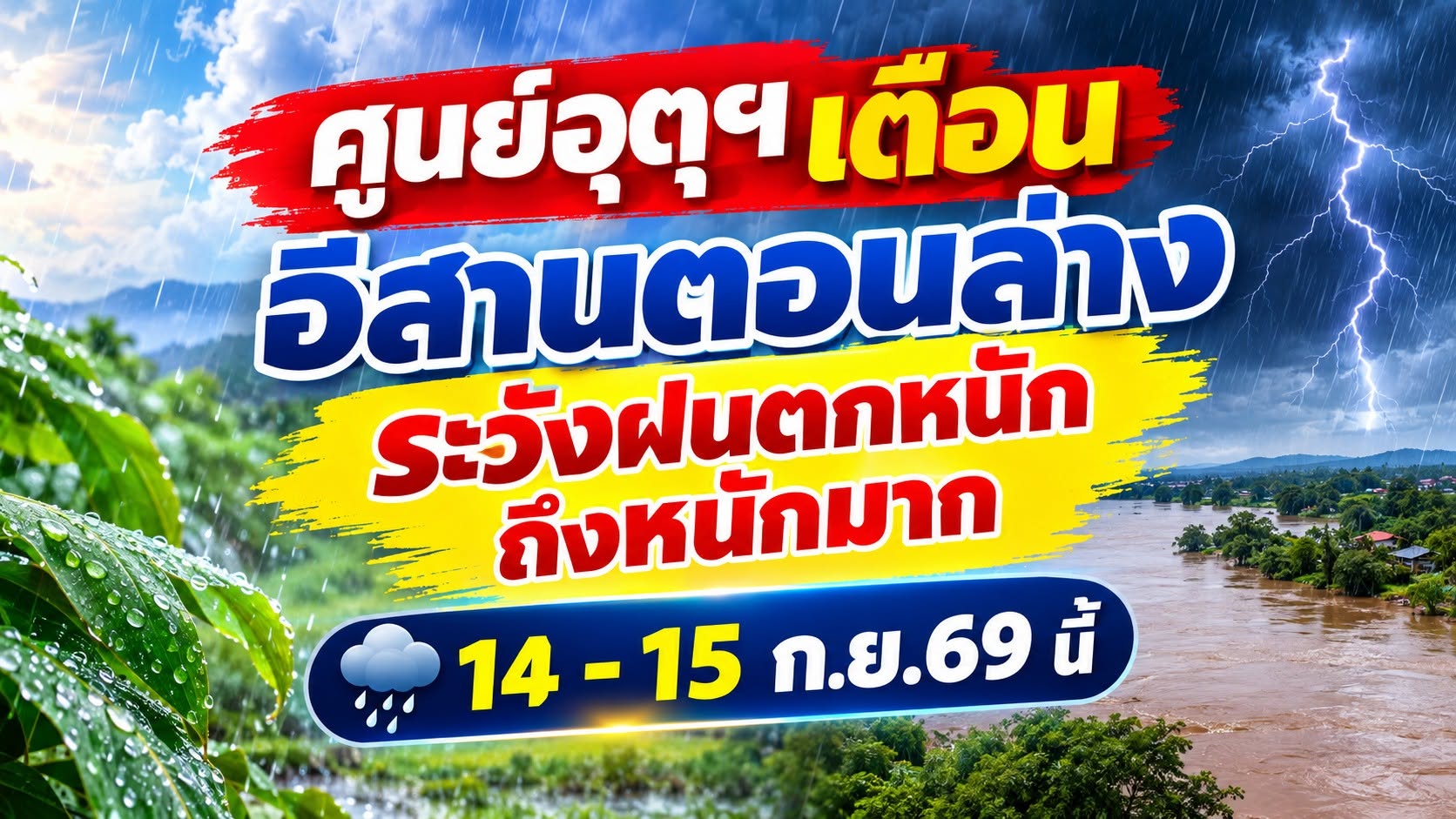อีสานตอนล่าง ระวัง ฝนตกหนักถึงหนักมาก 14 - 15 ก.ย.69 นี้ 