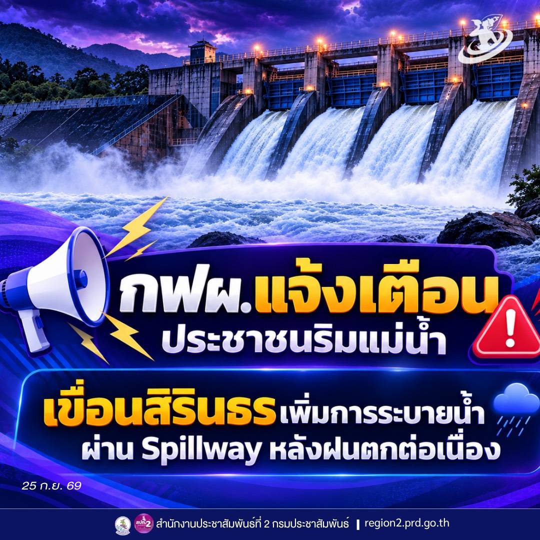 กฟผ. แจ้งเตือนประชาชนริมแม่น้ำ เตรียมรับมือเขื่อนสิรินธรเพิ่มการระบายน้ำผ่าน Spillway หลังฝนตกต่อเนื่อง